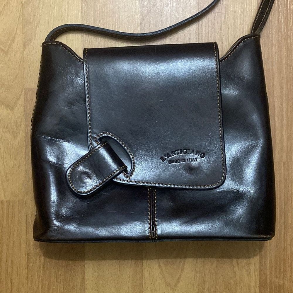 L'ARTIGIANO Dark Brown Leather Crossbody Bag Flap Closure Made In Italy